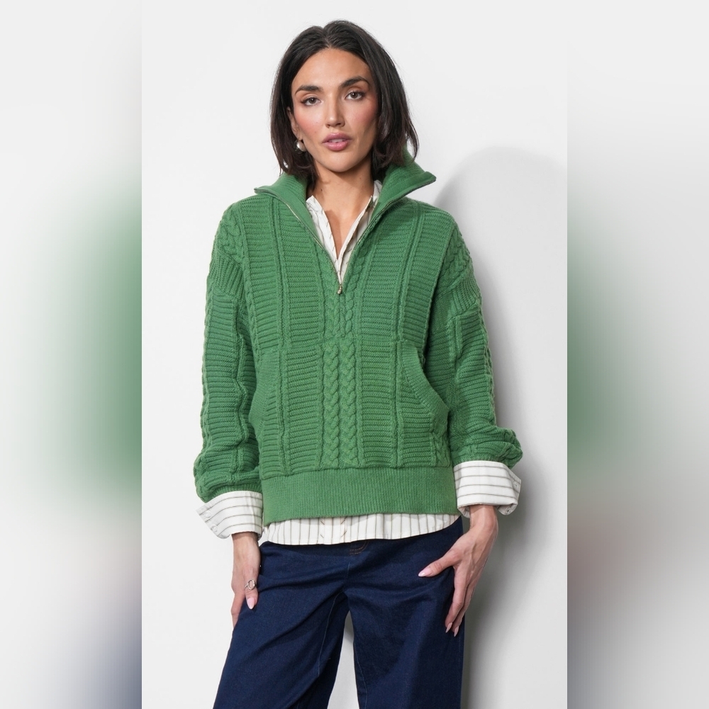 Greylin Forest Green Cable Knit Turtleneck Sweater Zipper Detail - Picture 5 of 6